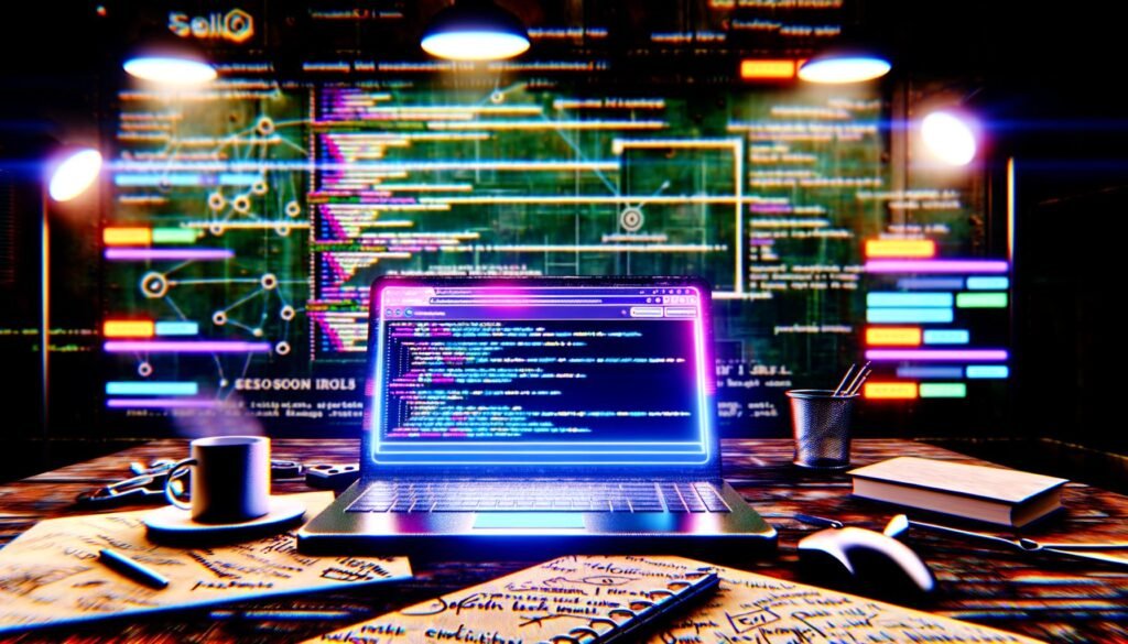 Futuristischer Workspace mit Laptop, SEO Meta in 1 Click Panel und leuchtenden Datenfeldern, umgeben von Notizen und digitalen Marketing-Elementen.