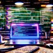 Futuristischer Workspace mit Laptop, SEO Meta in 1 Click Panel und leuchtenden Datenfeldern, umgeben von Notizen und digitalen Marketing-Elementen.