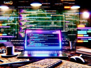 Futuristischer Workspace mit Laptop, SEO Meta in 1 Click Panel und leuchtenden Datenfeldern, umgeben von Notizen und digitalen Marketing-Elementen.