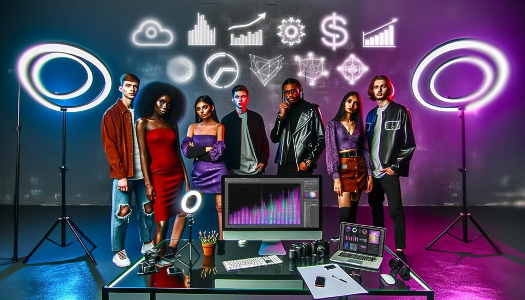 Diverse junge Influencer stehen vor einem großen Bildschirm mit Social-Media-Icons, komplexen Charts und Umsatzdaten in einem stylischen, neonbeleuchteten Studio. Technik-Gadgets wie Laptop und Smartphone liegen auf einem Glastisch; im Hintergrund holografische Symbole für digitale Innovation.