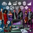 Diverse junge Influencer stehen vor einem großen Bildschirm mit Social-Media-Icons, komplexen Charts und Umsatzdaten in einem stylischen, neonbeleuchteten Studio. Technik-Gadgets wie Laptop und Smartphone liegen auf einem Glastisch; im Hintergrund holografische Symbole für digitale Innovation.