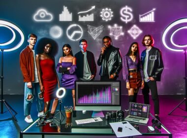 Diverse junge Influencer stehen vor einem großen Bildschirm mit Social-Media-Icons, komplexen Charts und Umsatzdaten in einem stylischen, neonbeleuchteten Studio. Technik-Gadgets wie Laptop und Smartphone liegen auf einem Glastisch; im Hintergrund holografische Symbole für digitale Innovation.