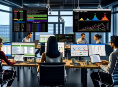 SEO-Experten in einem modernen Berliner Großraumbüro analysieren gemeinsam Sichtbarkeitsanalysen, Dashboards und SEO-Kennzahlen an Laptops und großen Monitoren.