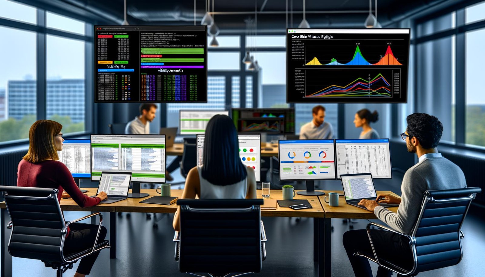 SEO-Experten in einem modernen Berliner Großraumbüro analysieren gemeinsam Sichtbarkeitsanalysen, Dashboards und SEO-Kennzahlen an Laptops und großen Monitoren.