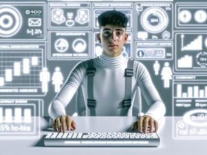Moderner Mikro-Influencer an einem futuristischen Schreibtisch mit digitalen Bildschirmen, Hologrammen und Social Media Symbolen wie Instagram, TikTok, YouTube und OnlyFans.