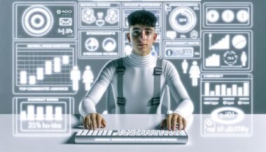 Moderner Mikro-Influencer an einem futuristischen Schreibtisch mit digitalen Bildschirmen, Hologrammen und Social Media Symbolen wie Instagram, TikTok, YouTube und OnlyFans.