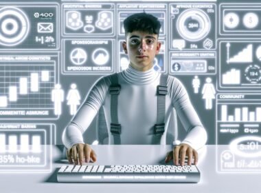 Moderner Mikro-Influencer an einem futuristischen Schreibtisch mit digitalen Bildschirmen, Hologrammen und Social Media Symbolen wie Instagram, TikTok, YouTube und OnlyFans.
