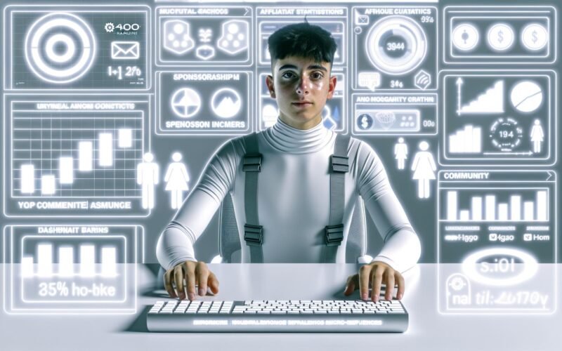 Moderner Mikro-Influencer an einem futuristischen Schreibtisch mit digitalen Bildschirmen, Hologrammen und Social Media Symbolen wie Instagram, TikTok, YouTube und OnlyFans.