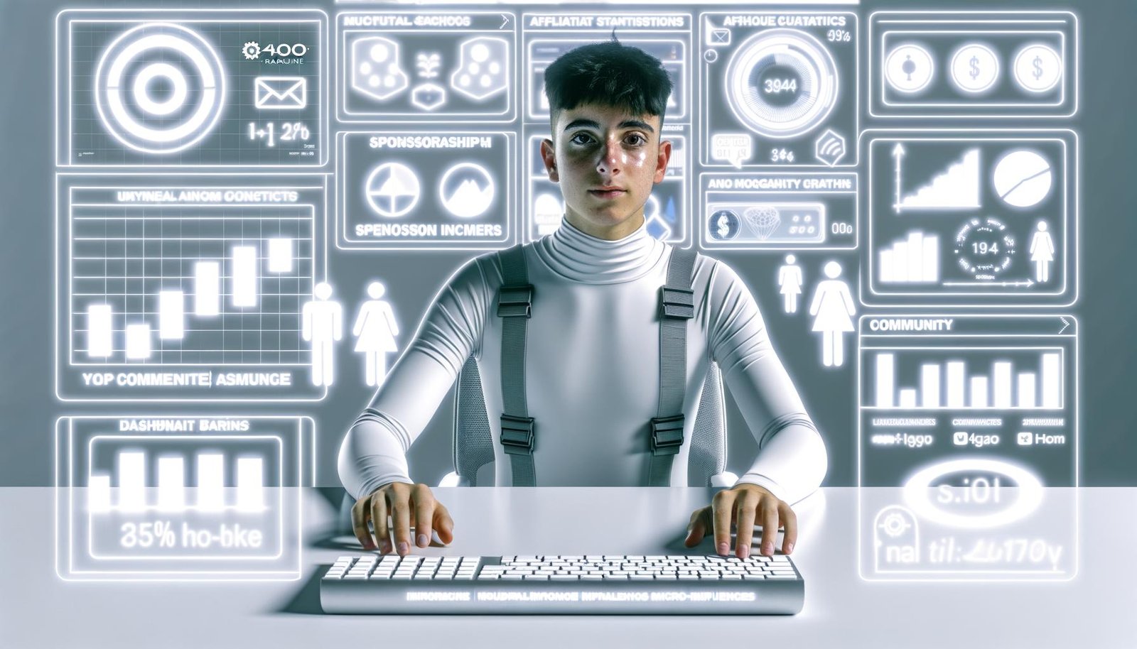 Moderner Mikro-Influencer an einem futuristischen Schreibtisch mit digitalen Bildschirmen, Hologrammen und Social Media Symbolen wie Instagram, TikTok, YouTube und OnlyFans.