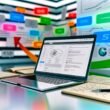 Moderner Arbeitsplatz mit aufgeklapptem Notebook, geöffnetem Joomla-Backend, sichtbaren SEO-Einstellungen, analogen Notizblättern zur SEO-Strategie und schwebenden Plugin-Icons im inspirierenden Online-Marketing-Umfeld.