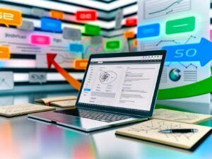 Moderner Arbeitsplatz mit aufgeklapptem Notebook, geöffnetem Joomla-Backend, sichtbaren SEO-Einstellungen, analogen Notizblättern zur SEO-Strategie und schwebenden Plugin-Icons im inspirierenden Online-Marketing-Umfeld.