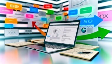 Moderner Arbeitsplatz mit aufgeklapptem Notebook, geöffnetem Joomla-Backend, sichtbaren SEO-Einstellungen, analogen Notizblättern zur SEO-Strategie und schwebenden Plugin-Icons im inspirierenden Online-Marketing-Umfeld.