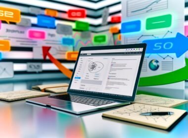 Moderner Arbeitsplatz mit aufgeklapptem Notebook, geöffnetem Joomla-Backend, sichtbaren SEO-Einstellungen, analogen Notizblättern zur SEO-Strategie und schwebenden Plugin-Icons im inspirierenden Online-Marketing-Umfeld.