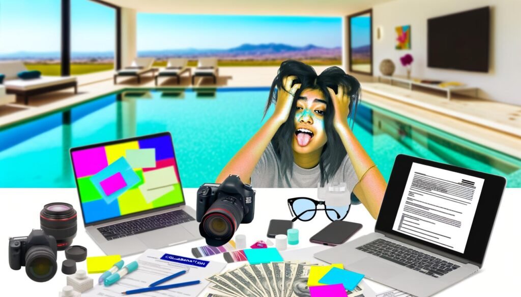 Junge, erschöpfte Influencerin am vollgestellten Home-Office-Schreibtisch mit Laptop, Kameras, Smartphone und bunten Verträgen, im Hintergrund ein angedeuteter Infinity-Pool