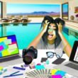 Junge, erschöpfte Influencerin am vollgestellten Home-Office-Schreibtisch mit Laptop, Kameras, Smartphone und bunten Verträgen, im Hintergrund ein angedeuteter Infinity-Pool