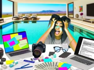 Junge, erschöpfte Influencerin am vollgestellten Home-Office-Schreibtisch mit Laptop, Kameras, Smartphone und bunten Verträgen, im Hintergrund ein angedeuteter Infinity-Pool