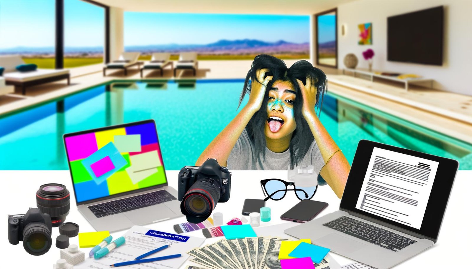 Junge, erschöpfte Influencerin am vollgestellten Home-Office-Schreibtisch mit Laptop, Kameras, Smartphone und bunten Verträgen, im Hintergrund ein angedeuteter Infinity-Pool