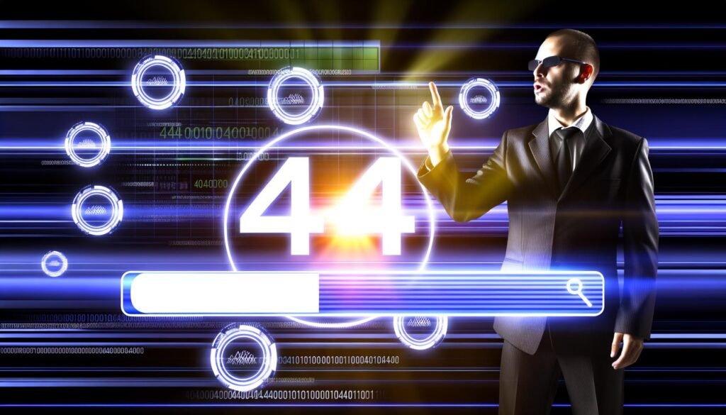 Businessperson in moderner, dunkler Arena mit zentralem leuchtendem 404-Logo, datenbasierter Suchmaschinen-Grafik und techlastigen Zahlencodes im Hintergrund.
