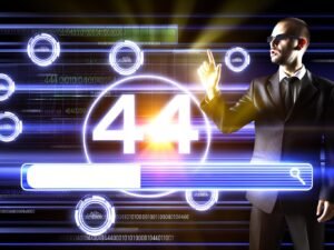 Businessperson in moderner, dunkler Arena mit zentralem leuchtendem 404-Logo, datenbasierter Suchmaschinen-Grafik und techlastigen Zahlencodes im Hintergrund.