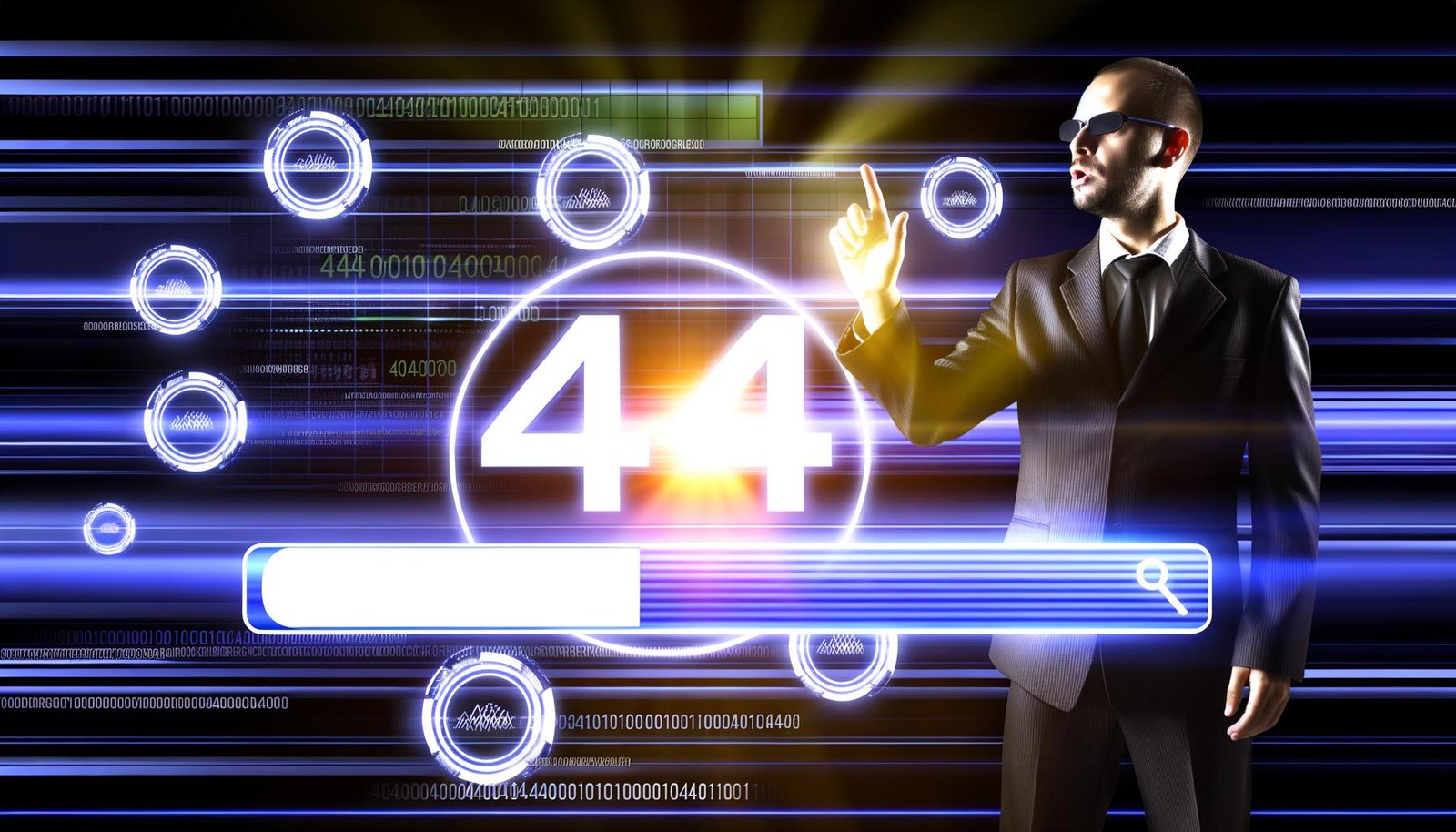 Businessperson in moderner, dunkler Arena mit zentralem leuchtendem 404-Logo, datenbasierter Suchmaschinen-Grafik und techlastigen Zahlencodes im Hintergrund.