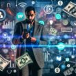 Selbstbewusster Influencer hält Smartphone und durchsichtigen Vertrag, umgeben von Symbolen für Social Media, Finanzen und Technik, vor einem urbanen, neonblauen Hintergrund.