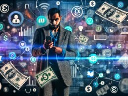 Selbstbewusster Influencer hält Smartphone und durchsichtigen Vertrag, umgeben von Symbolen für Social Media, Finanzen und Technik, vor einem urbanen, neonblauen Hintergrund.