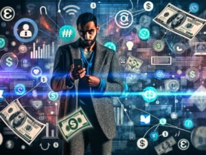 Selbstbewusster Influencer hält Smartphone und durchsichtigen Vertrag, umgeben von Symbolen für Social Media, Finanzen und Technik, vor einem urbanen, neonblauen Hintergrund.