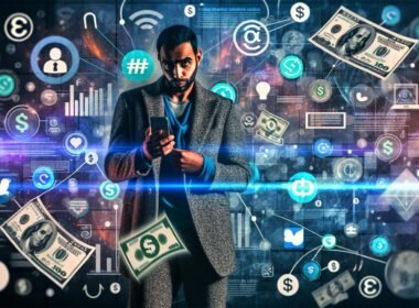 Selbstbewusster Influencer hält Smartphone und durchsichtigen Vertrag, umgeben von Symbolen für Social Media, Finanzen und Technik, vor einem urbanen, neonblauen Hintergrund.