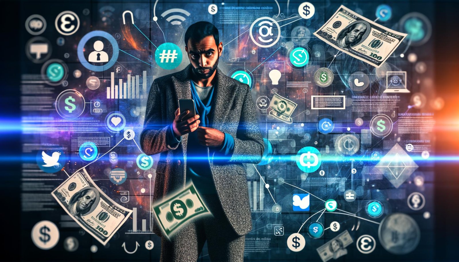 Selbstbewusster Influencer hält Smartphone und durchsichtigen Vertrag, umgeben von Symbolen für Social Media, Finanzen und Technik, vor einem urbanen, neonblauen Hintergrund.
