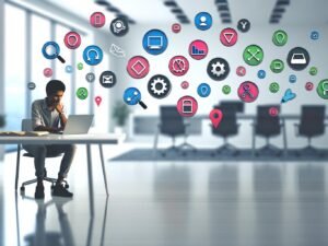 Minimalistische Office-Szene: Person am Laptop, umgeben von vielen schwebenden Icons und smarten Werkzeug-Symbolen in modernem Umfeld
