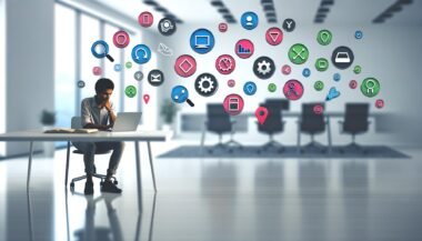Minimalistische Office-Szene: Person am Laptop, umgeben von vielen schwebenden Icons und smarten Werkzeug-Symbolen in modernem Umfeld