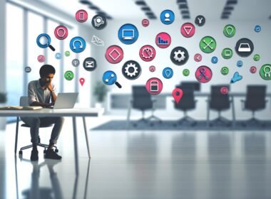 Minimalistische Office-Szene: Person am Laptop, umgeben von vielen schwebenden Icons und smarten Werkzeug-Symbolen in modernem Umfeld
