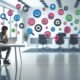 Minimalistische Office-Szene: Person am Laptop, umgeben von vielen schwebenden Icons und smarten Werkzeug-Symbolen in modernem Umfeld