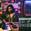 Influencer am Schreibtisch mit Laptops, Notizbüchern, Smartphone, Kamera und Post-its in industriellem Setting, konzentrierter Blick