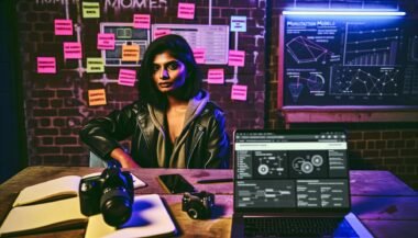 Influencer am Schreibtisch mit Laptops, Notizbüchern, Smartphone, Kamera und Post-its in industriellem Setting, konzentrierter Blick