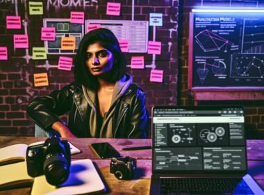 Influencer am Schreibtisch mit Laptops, Notizbüchern, Smartphone, Kamera und Post-its in industriellem Setting, konzentrierter Blick