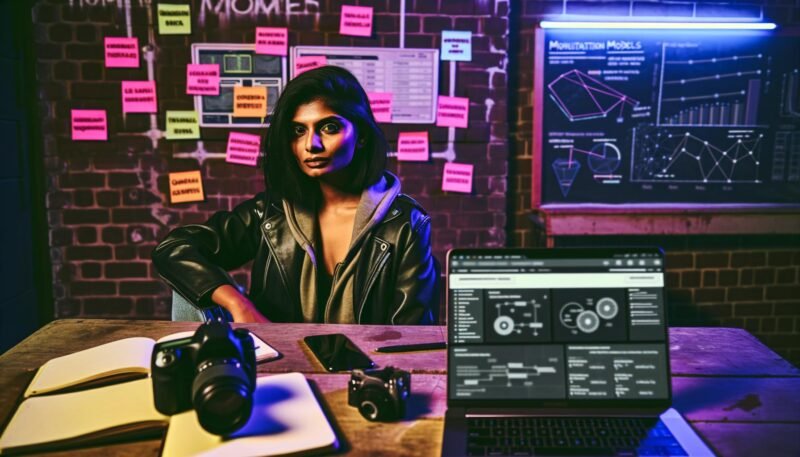 Influencer am Schreibtisch mit Laptops, Notizbüchern, Smartphone, Kamera und Post-its in industriellem Setting, konzentrierter Blick