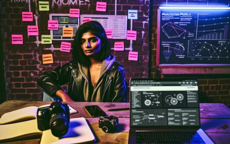 Influencer am Schreibtisch mit Laptops, Notizbüchern, Smartphone, Kamera und Post-its in industriellem Setting, konzentrierter Blick