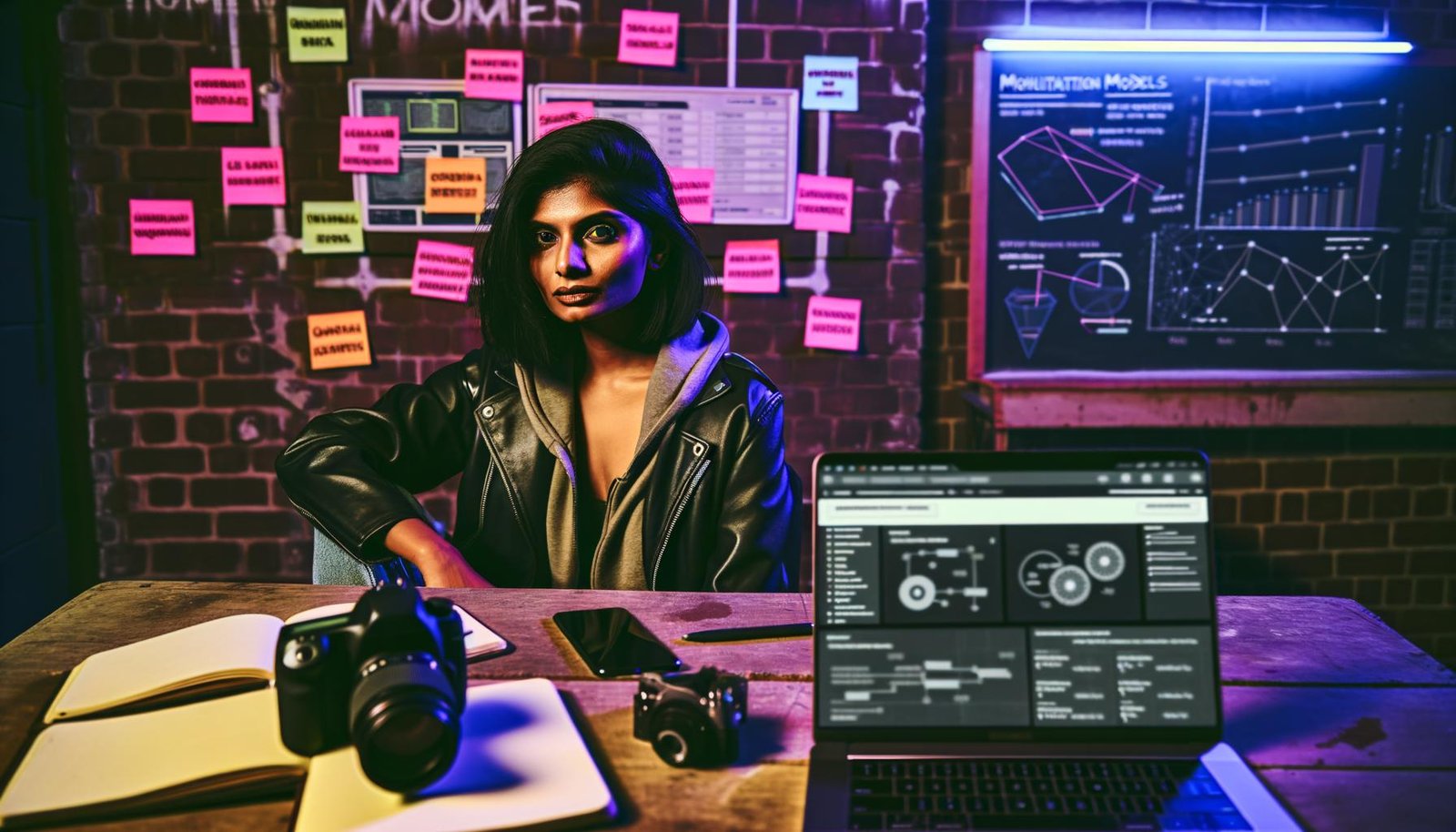 Influencer am Schreibtisch mit Laptops, Notizbüchern, Smartphone, Kamera und Post-its in industriellem Setting, konzentrierter Blick
