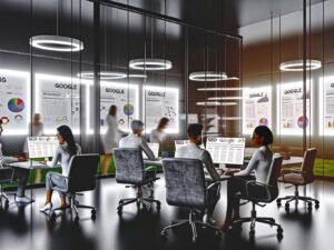SEO-Expertenteam arbeitet in einem modernen Büro mit Glaswänden, digitalen Anzeigen für Google-Rankings und Whiteboards voller Diagramme und Notizen.