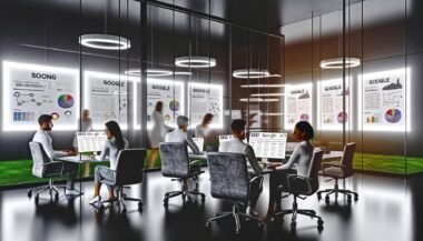 SEO-Expertenteam arbeitet in einem modernen Büro mit Glaswänden, digitalen Anzeigen für Google-Rankings und Whiteboards voller Diagramme und Notizen.