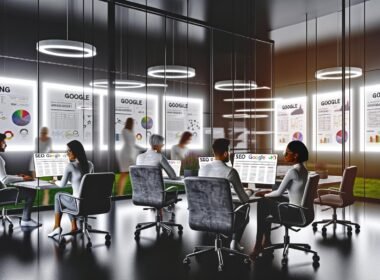 SEO-Expertenteam arbeitet in einem modernen Büro mit Glaswänden, digitalen Anzeigen für Google-Rankings und Whiteboards voller Diagramme und Notizen.