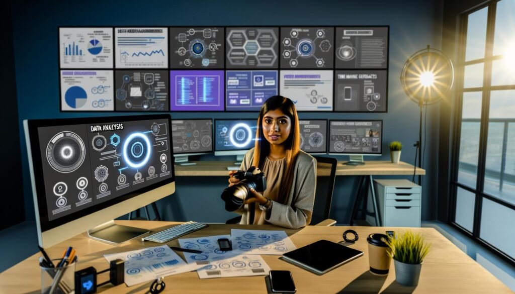 Moderner Arbeitsplatz eines Influencers mit mehreren Bildschirmen, Kameras, Workflow-Diagrammen und Productivity-Gadgets, stilvoll und gut organisiert