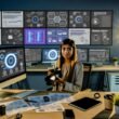 Moderner Arbeitsplatz eines Influencers mit mehreren Bildschirmen, Kameras, Workflow-Diagrammen und Productivity-Gadgets, stilvoll und gut organisiert