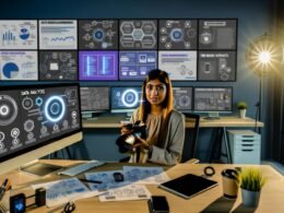 Moderner Arbeitsplatz eines Influencers mit mehreren Bildschirmen, Kameras, Workflow-Diagrammen und Productivity-Gadgets, stilvoll und gut organisiert
