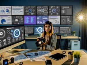 Moderner Arbeitsplatz eines Influencers mit mehreren Bildschirmen, Kameras, Workflow-Diagrammen und Productivity-Gadgets, stilvoll und gut organisiert