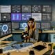 Moderner Arbeitsplatz eines Influencers mit mehreren Bildschirmen, Kameras, Workflow-Diagrammen und Productivity-Gadgets, stilvoll und gut organisiert