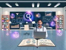 Moderner E-Commerce-Arbeitsplatz mit mehreren Monitoren, darauf Analytics-Dashboards und SEO-Statistiken, Onlineshop-Betreiber arbeitet am Laptop, umgeben von Strategie-Notizen, Notizbuch und digitaler Produktpräsentation.