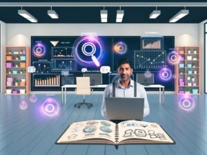 Moderner E-Commerce-Arbeitsplatz mit mehreren Monitoren, darauf Analytics-Dashboards und SEO-Statistiken, Onlineshop-Betreiber arbeitet am Laptop, umgeben von Strategie-Notizen, Notizbuch und digitaler Produktpräsentation.