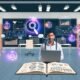 Moderner E-Commerce-Arbeitsplatz mit mehreren Monitoren, darauf Analytics-Dashboards und SEO-Statistiken, Onlineshop-Betreiber arbeitet am Laptop, umgeben von Strategie-Notizen, Notizbuch und digitaler Produktpräsentation.